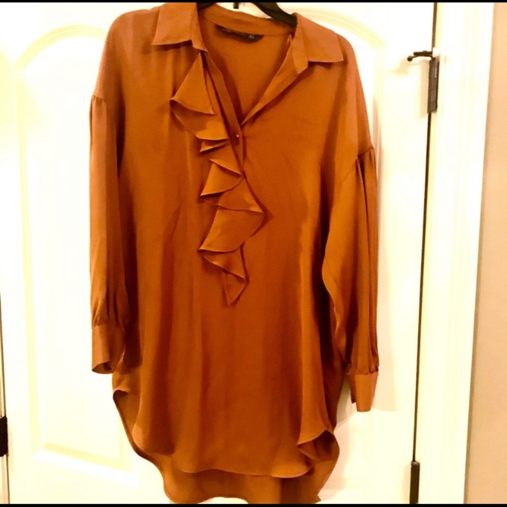 ZARA Satin Caramel Ruffle Long Tunic Womens 2x